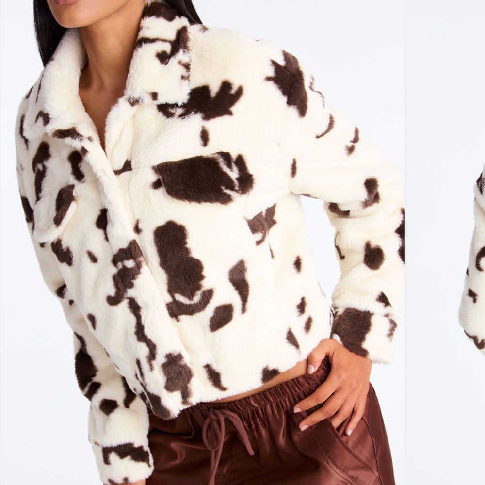 Fashion Nova Black & Cream Cow Print Faux Fur Coat